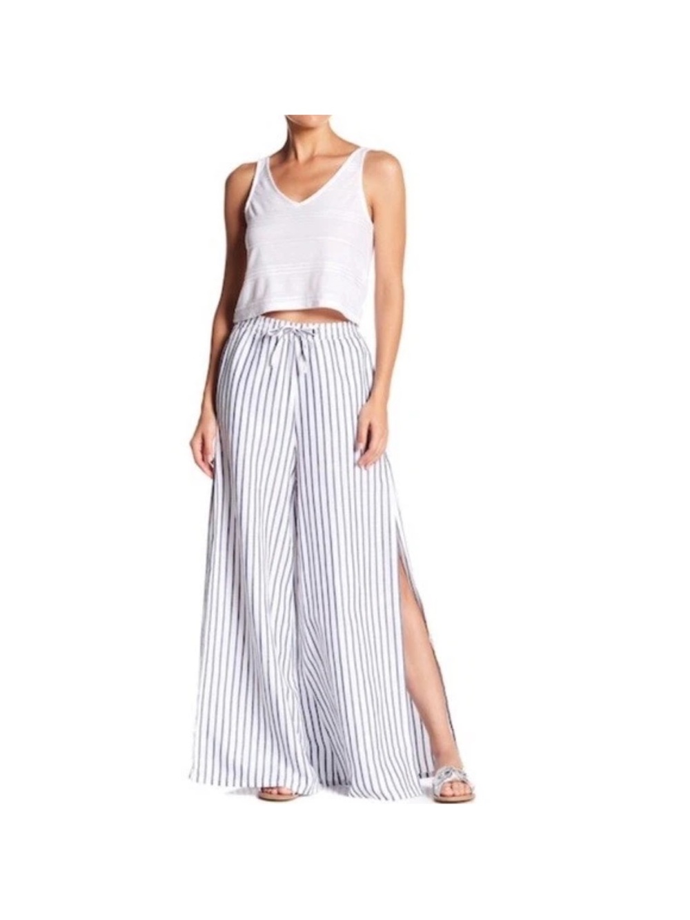 Onia Chloe Wide Leg Beach Pants Size Small Stripe Blue White High Slit Vacation